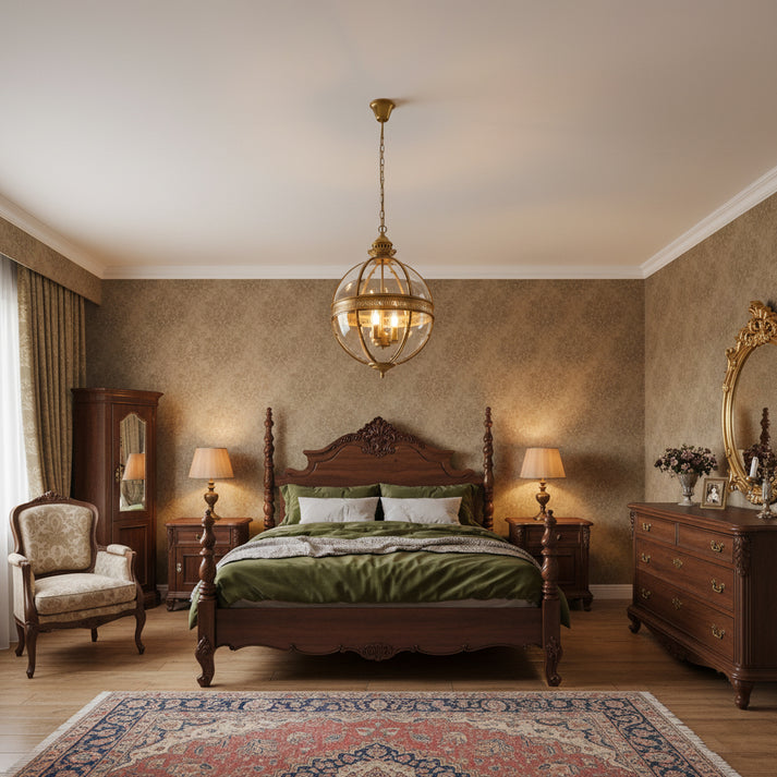 Traditional Brass Globe Lantern Chandelier Over Bedroom Bed