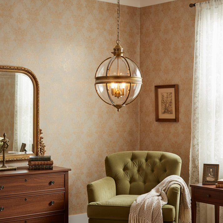 Vintage Brass Globe Lantern Pendant Lamp Over Armchair