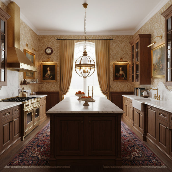 Traditional Globe Lantern Chandelier Over Kitchen Island