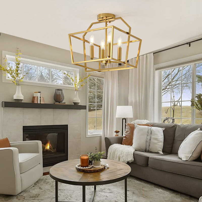Brass Cube Cage Semi-Flush Mount