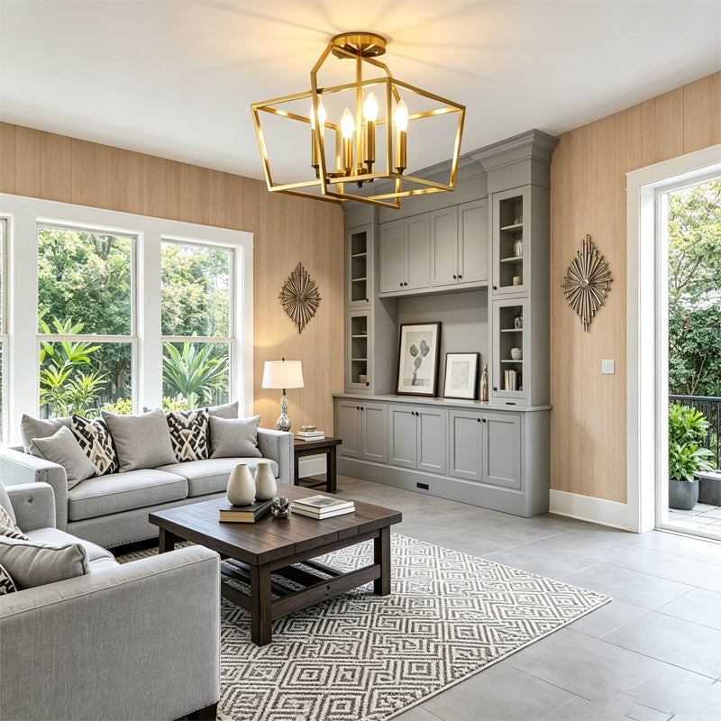 Brass Cube Cage Semi-Flush Mount