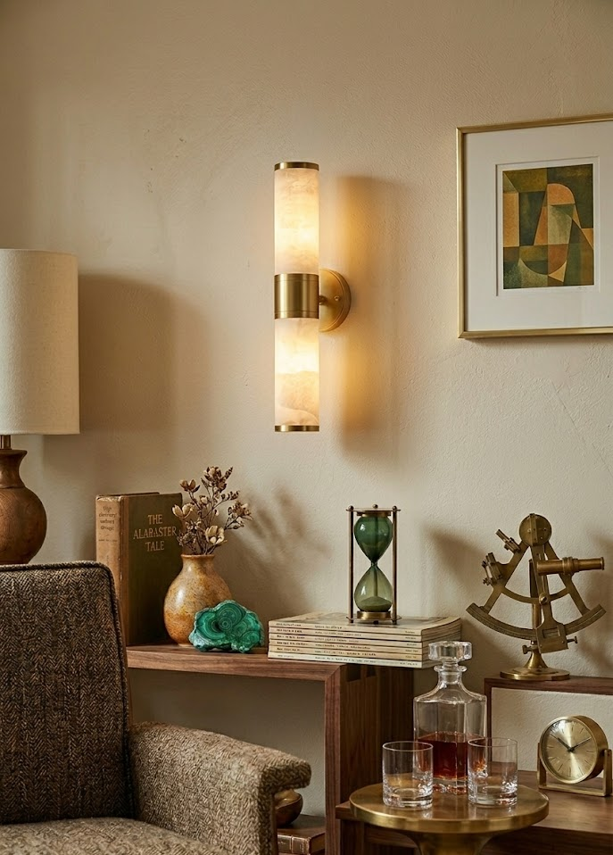 Double cylinder alabaster wall sconce glowing above wooden console room gallery wall