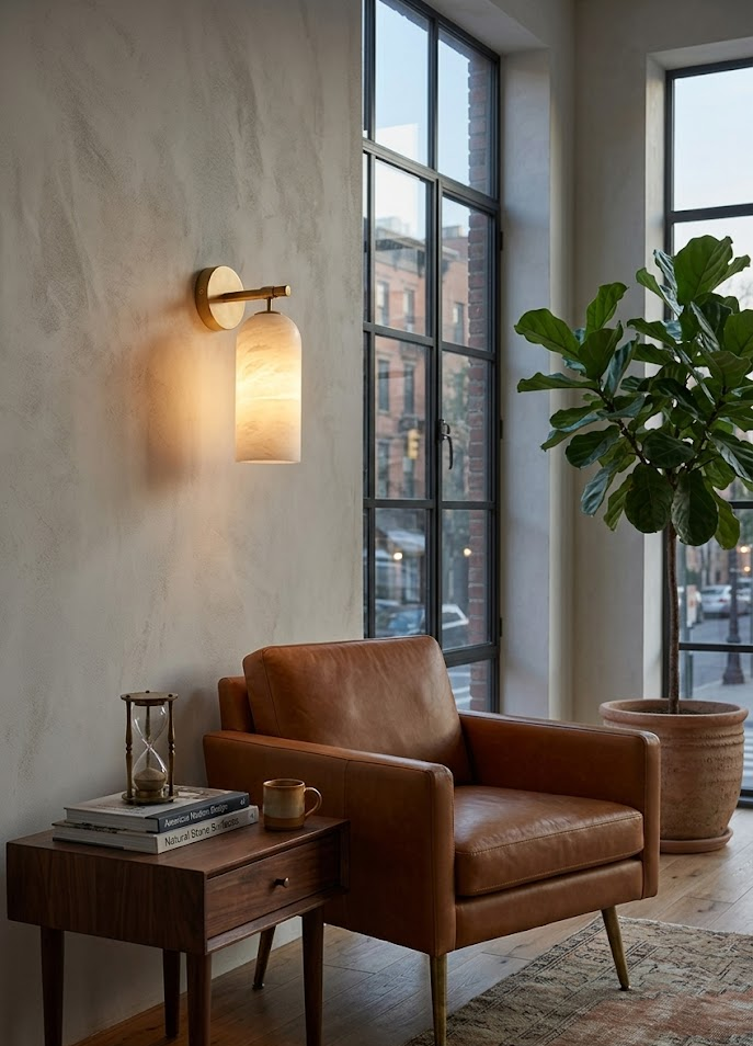 Brass alabaster wall sconce glowing beside tall windows above leather armchair interior