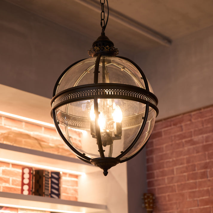 Illuminated Brass Globe Lantern Pendant Lamp Studio Display