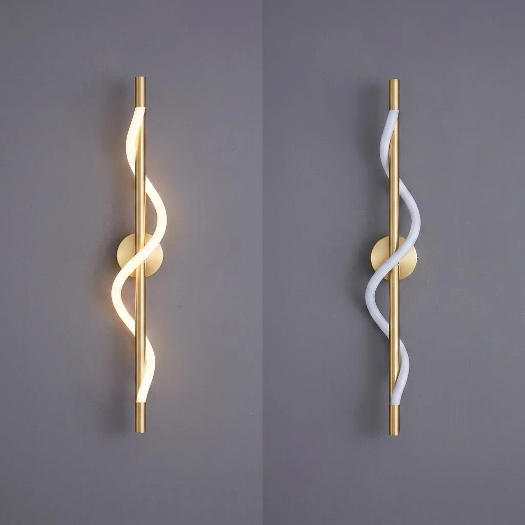 Brass Spiral Wave LED Wall Light On and Off Comparison