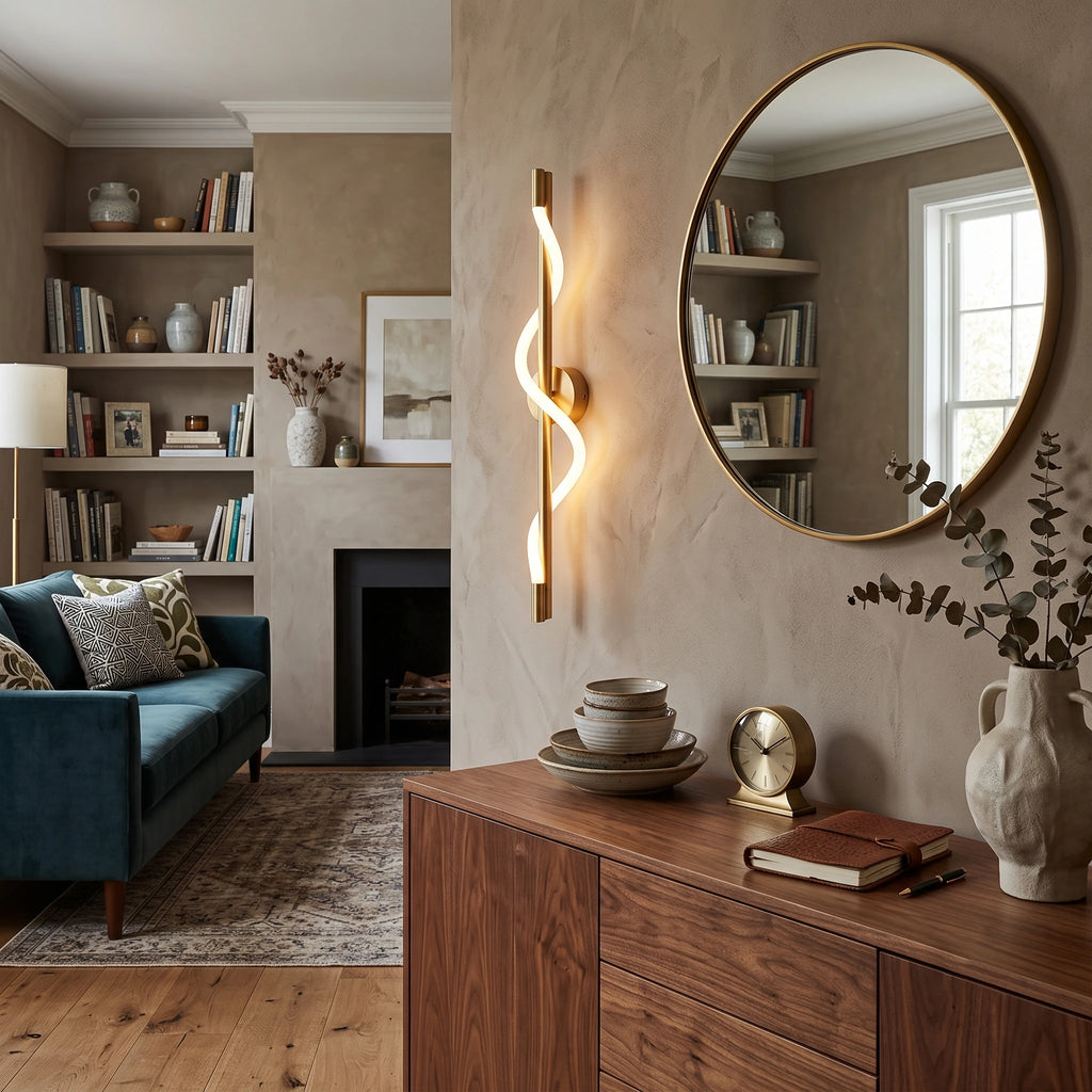 Modern Spiral LED Wall Light Over Credenza Beside Sofa