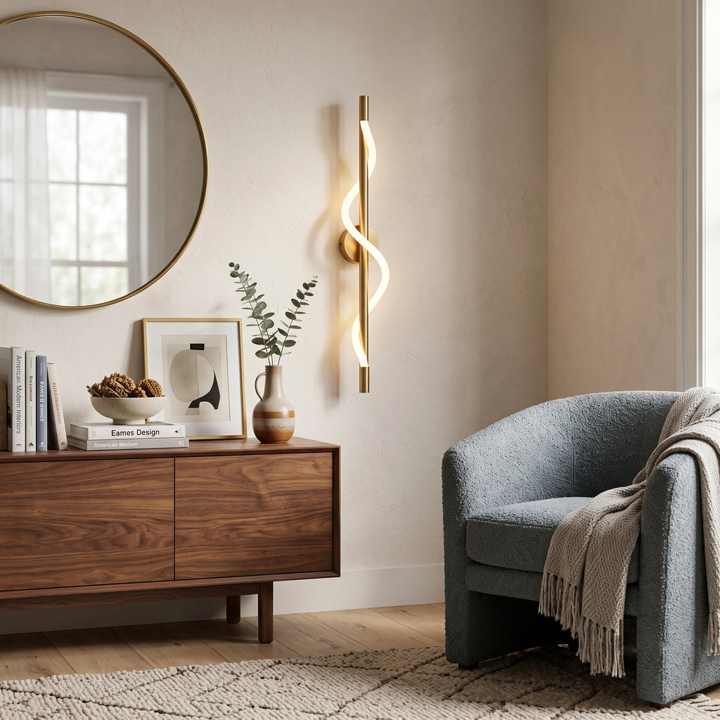 Spiral Wave LED Sconce Over Living Room Storage Credenza