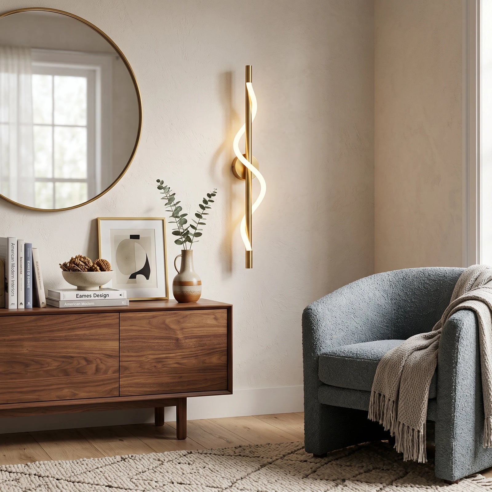 Spiral Wave LED Sconce Over Living Room Storage Credenza