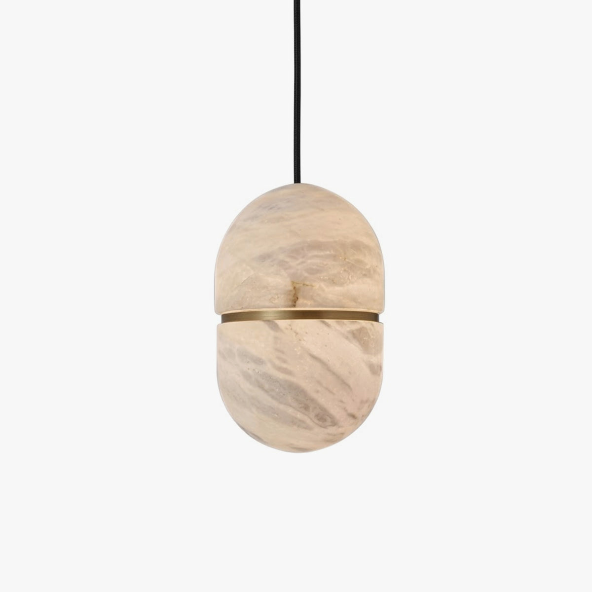 Velo Capsule Alabaster Pendant Lamp unlit oval alabaster lamp brass trim isolated white background